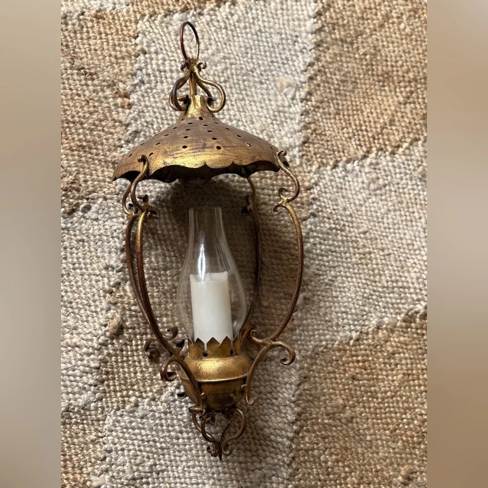 Vintage antique Italian gilded brass metal glass Gold Hanging Lantern fixture